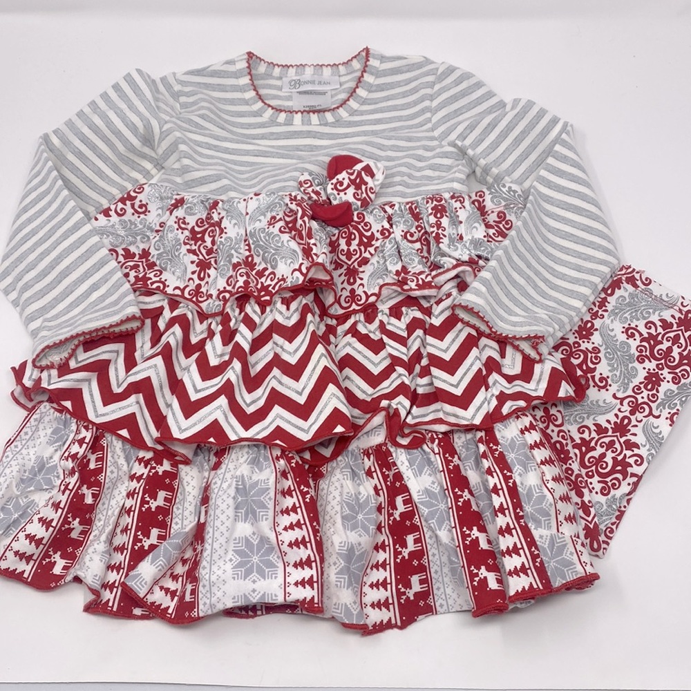 Bonnie Jean Red Silver Ruffle Top Damask Tights Outfit Size 4T